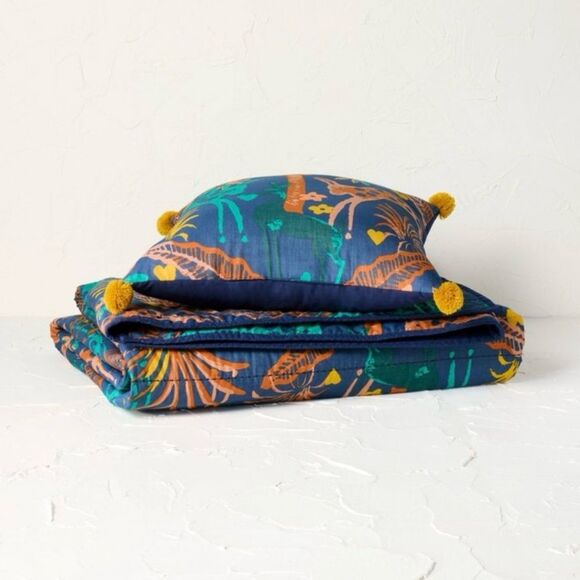 Opalhouse Throw Blanket & Pillow Set Blue Fiesta Jungle Print Tassel - Picture 4 of 8